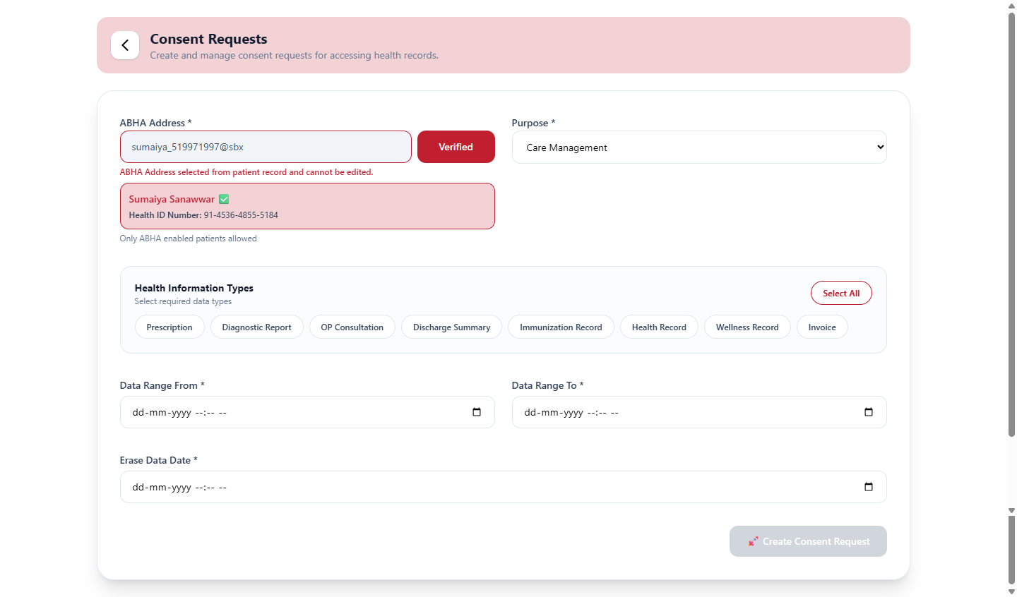 ABDM M3 Consent Request Interface in DEFINE HIMS